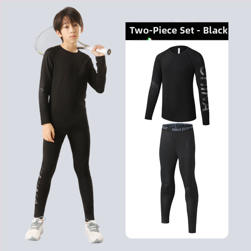 Vaikų sportinis komplektas — greitai džiūstantis, kvėpuojantis, ultralengvas milk silk audinys su 8% spandekso; ilgos rankovės, apvalus kaklas; rudens drabužiai berniukams