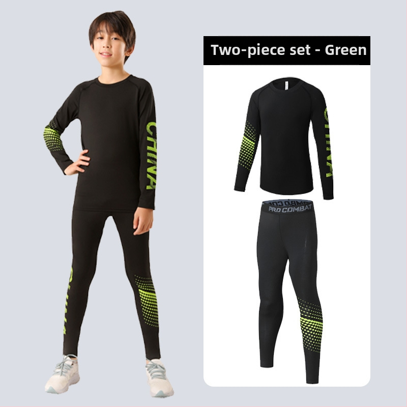 Vaikų sportinis komplektas — greitai džiūstantis, kvėpuojantis, ultralengvas milk silk audinys su 8% spandekso; ilgos rankovės, apvalus kaklas; rudens drabužiai berniukams