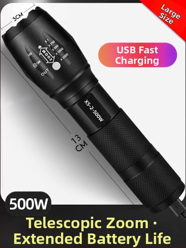 Prijenosna LED baterijska svjetiljka, aluminijsko tijelo, domet 200–500 m, velik kapacitet litijske baterije