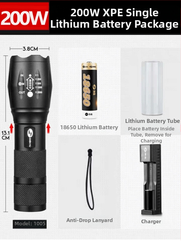 Prijenosna LED baterijska svjetiljka, aluminijsko tijelo, domet 200–500 m, velik kapacitet litijske baterije