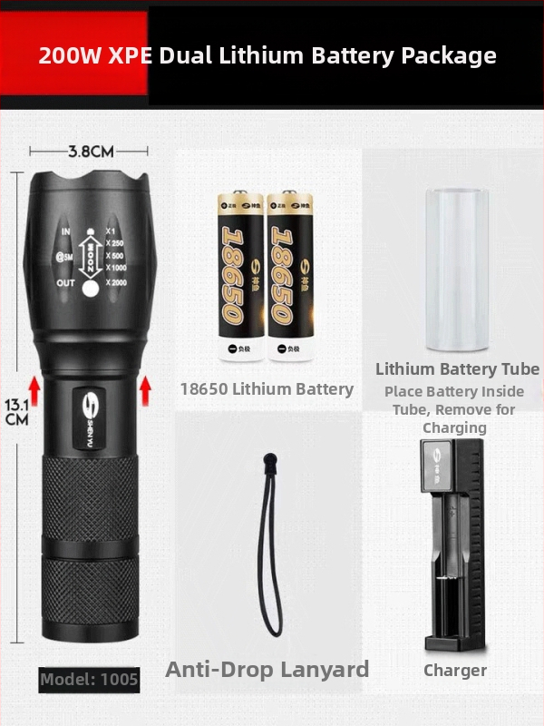 Prijenosna LED baterijska svjetiljka, aluminijsko tijelo, domet 200–500 m, velik kapacitet litijske baterije