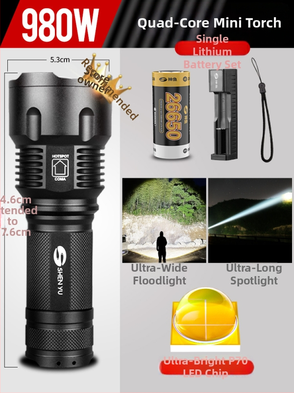 Prijenosna LED baterijska svjetiljka, aluminijsko tijelo, domet 200–500 m, velik kapacitet litijske baterije