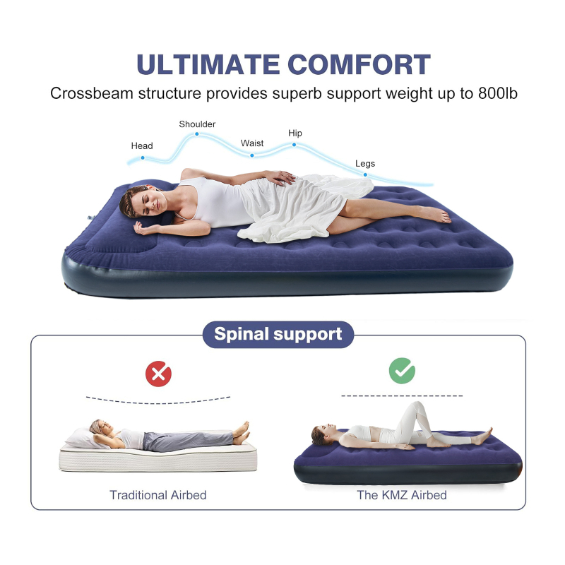 Къмпинг надуваем матрак с флокирана повърхност, ръчно надуване, външна помпа, макс. товароподемност 200 кг, включена възглавница