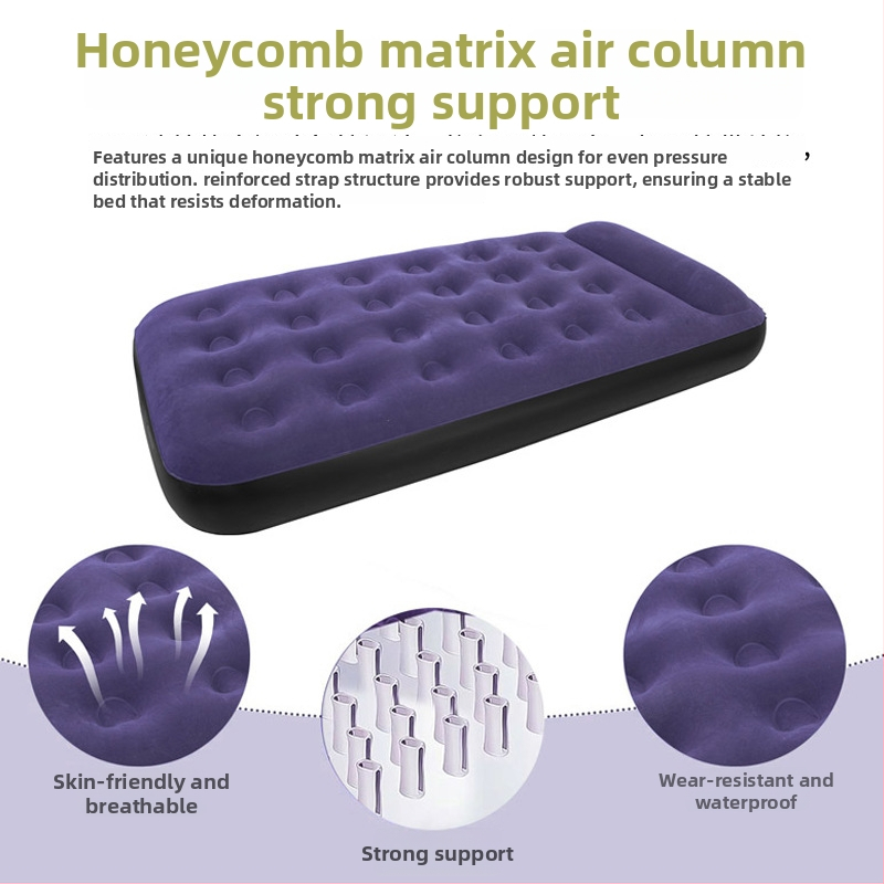 Kempingová nafukovacia posteľ s flokovanou povrchou, ručné nafúknutie, vonkajšia pumpa, nosnosť 200 kg, vankúš súčasťou