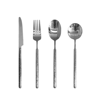 Peilių ir šaukštų rinkinys iš 304 nerūdijančio plieno, apvaliu diamantiniu kalimo paviršiumi, ilgomis rankenėlėmis šaukštams, lengvas prabangus retro stilius