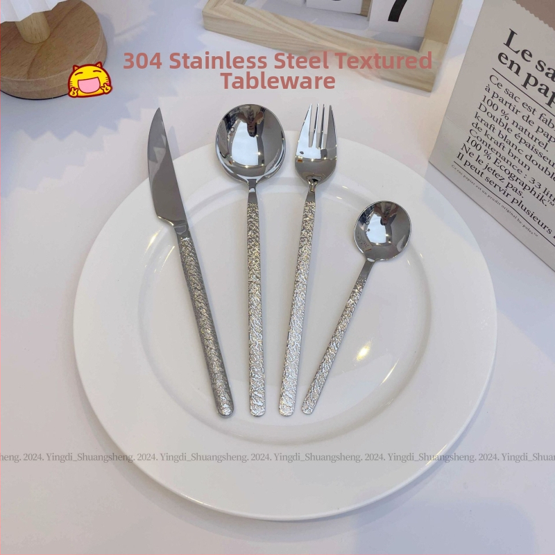 304 nerūdijančio plieno peiliai, šaukštai ir šakutės komplektas su akmens tekstūra, Europos stilius, tvirti rankenos, įtrauktas desertinis šaukštas
