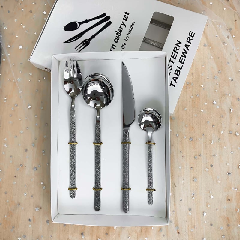 304 nerūdijančio plieno peiliai, šaukštai ir šakutės komplektas su akmens tekstūra, Europos stilius, tvirti rankenos, įtrauktas desertinis šaukštas