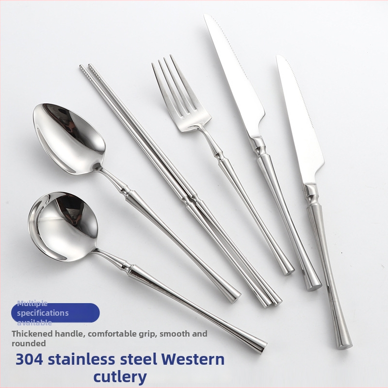 Šešių dalių stalo įrankių rinkinys iš 304 nerūdijančio plieno su veidrodiniu paviršiumi, šiaurietiškas minimalistinis stilius, logotipo atspausdinimas galimas