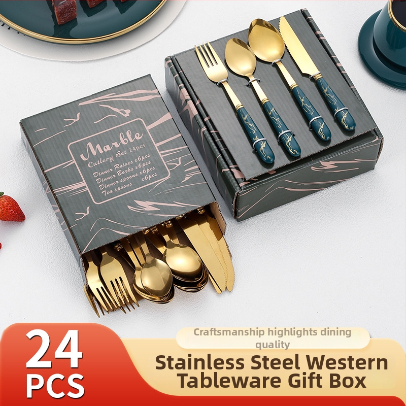 Peilių, šakutų ir šaukštų rinkinys, 24 vnt., 410 nerūdijančio plieno, marmoro raštas, veidrodinis poliravimas