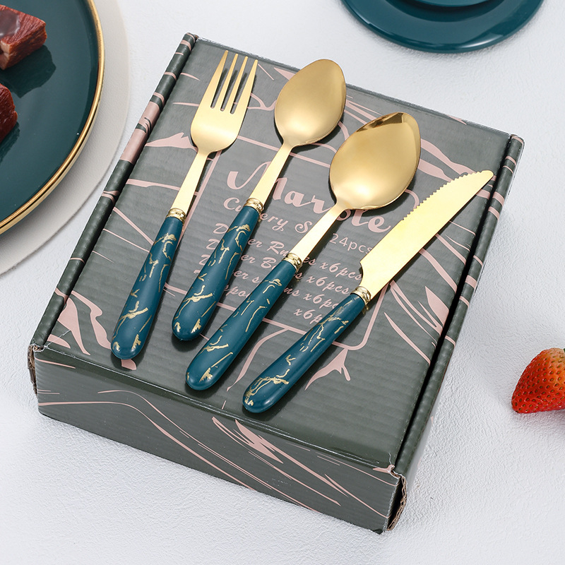 Peilių, šakutų ir šaukštų rinkinys, 24 vnt., 410 nerūdijančio plieno, marmoro raštas, veidrodinis poliravimas