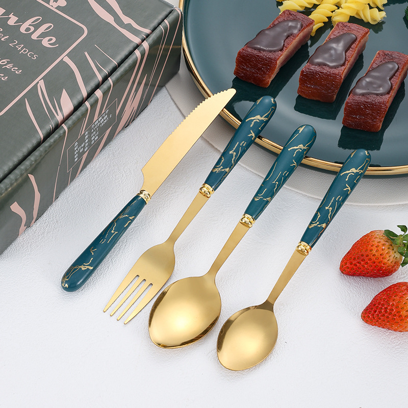 Peilių, šakutų ir šaukštų rinkinys, 24 vnt., 410 nerūdijančio plieno, marmoro raštas, veidrodinis poliravimas