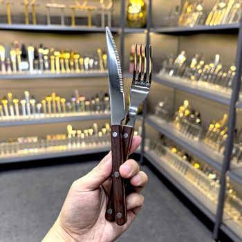 7 dalių vakarietiško stalo įrankių rinkinys iš 304 nerūdijančio plieno, veidrodinis poliravimas, rankų darbo, medžio raižinio rankena