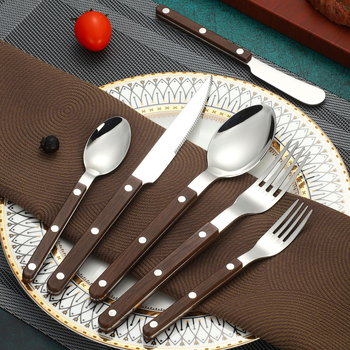 7 dalių vakarietiško stalo įrankių rinkinys iš 304 nerūdijančio plieno, veidrodinis poliravimas, rankų darbo, medžio raižinio rankena