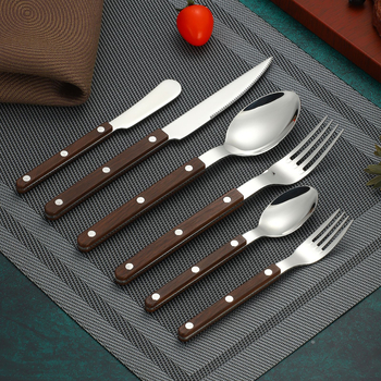 7 dalių vakarietiško stalo įrankių rinkinys iš 304 nerūdijančio plieno, veidrodinis poliravimas, rankų darbo, medžio raižinio rankena