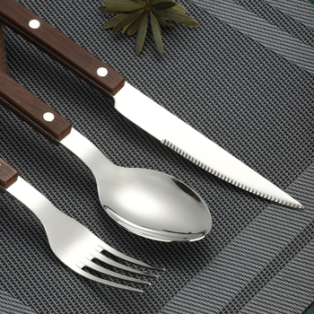 7 dalių vakarietiško stalo įrankių rinkinys iš 304 nerūdijančio plieno, veidrodinis poliravimas, rankų darbo, medžio raižinio rankena