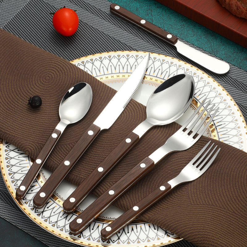 7 dalių vakarietiško stalo įrankių rinkinys iš 304 nerūdijančio plieno, veidrodinis poliravimas, rankų darbo, medžio raižinio rankena