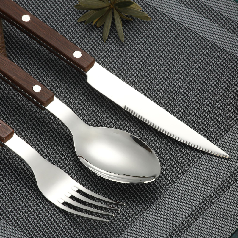 7 dalių vakarietiško stalo įrankių rinkinys iš 304 nerūdijančio plieno, veidrodinis poliravimas, rankų darbo, medžio raižinio rankena