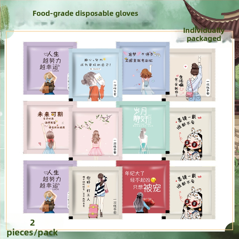 Vienkartinės pirštinės su logotipo spauda, individualiai supakuotos, storos, skirtos maitinimui ir omarų pristatymui, plastikas PE, skaidrios, maisto kokybei