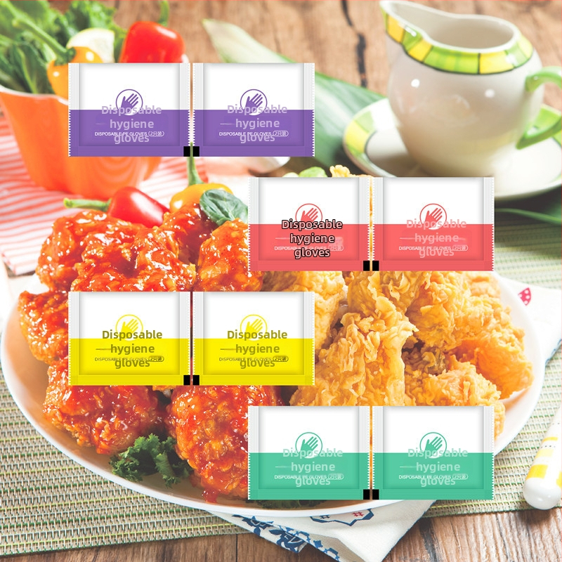 Vienkartinės pirštinės su logotipo spauda, individualiai supakuotos, storos, skirtos maitinimui ir omarų pristatymui, plastikas PE, skaidrios, maisto kokybei
