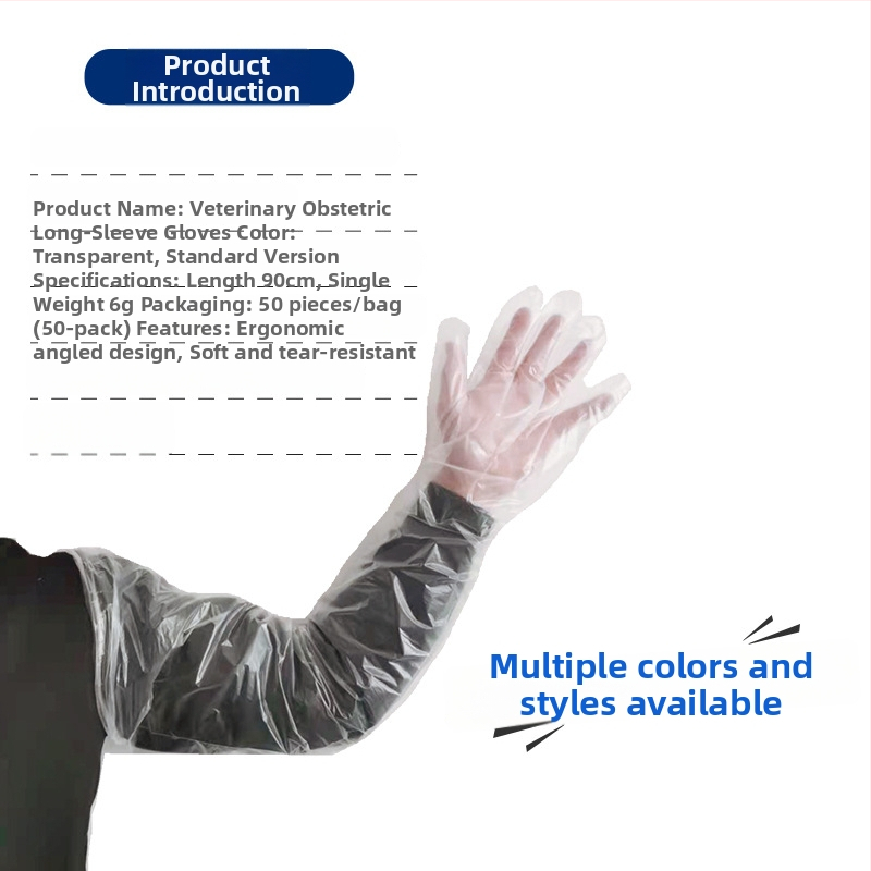 Veterinārie vienreizējās lietošanas garie cimdi aitu un liellopu dzemdībām — PE materiāls, biezums <0.05 mm