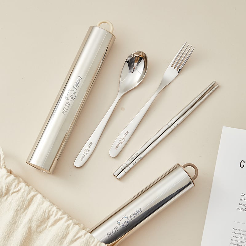 Prijenosni set posuđa od nehrđajućeg čelika, 3 komada – žlica, vilica i štapići za jelo, 304 nehrđajući čelik, ogledni završni sloj, Ins stil