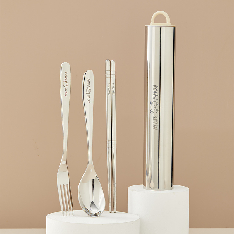 Nerūdijančio plieno nešiojamas 3 dalių stalo įrankių rinkinys – šaukštas, šakutė ir lazdelės, 304 nerūdijantis plienas, veidrodinis poliravimas, Ins stilius