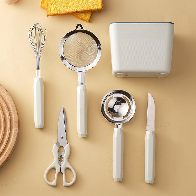 Zhituo nerūdijančio plieno 6 dalių kepimo įrankių rinkinys su baze, kiaušinių plakiklis, miltų sietas, kiaušinių sietelis, vaisių peilis ir žirklės