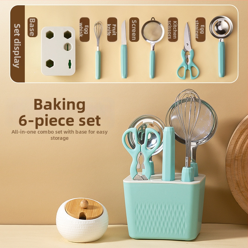 Zhituo nerūdijančio plieno 6 dalių kepimo įrankių rinkinys su baze, kiaušinių plakiklis, miltų sietas, kiaušinių sietelis, vaisių peilis ir žirklės