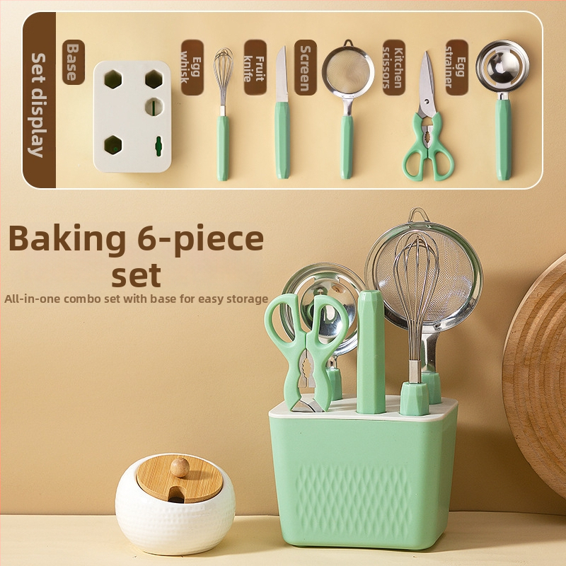 Zhituo nerūdijančio plieno 6 dalių kepimo įrankių rinkinys su baze, kiaušinių plakiklis, miltų sietas, kiaušinių sietelis, vaisių peilis ir žirklės