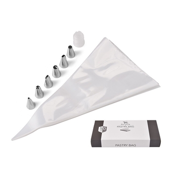 Dekoravimo maišelių komplektas su antgaliais – dėžutėje, kepimui skirti dekoravimo įrankiai, medžiagos: PE ir nerūdijantis plienas, leidimo data vasara 2024.