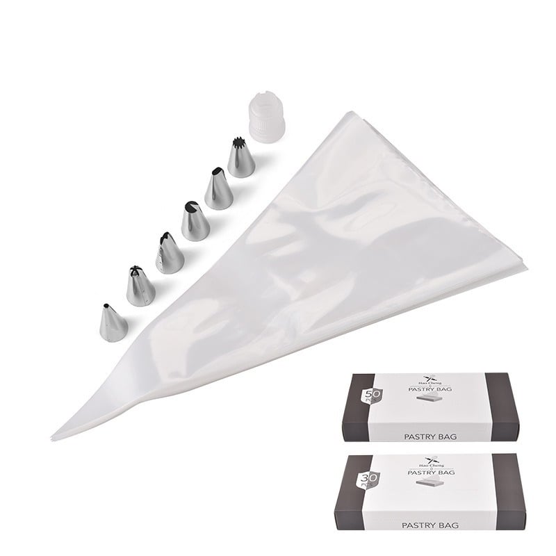 Dekoravimo maišelių komplektas su antgaliais – dėžutėje, kepimui skirti dekoravimo įrankiai, medžiagos: PE ir nerūdijantis plienas, leidimo data vasara 2024.