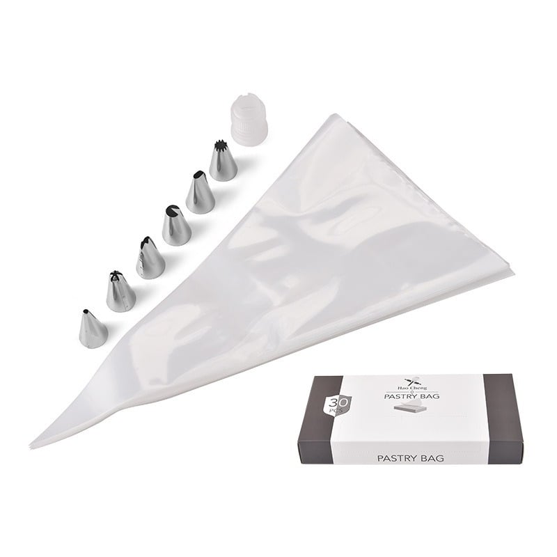 Dekoravimo maišelių komplektas su antgaliais – dėžutėje, kepimui skirti dekoravimo įrankiai, medžiagos: PE ir nerūdijantis plienas, leidimo data vasara 2024.