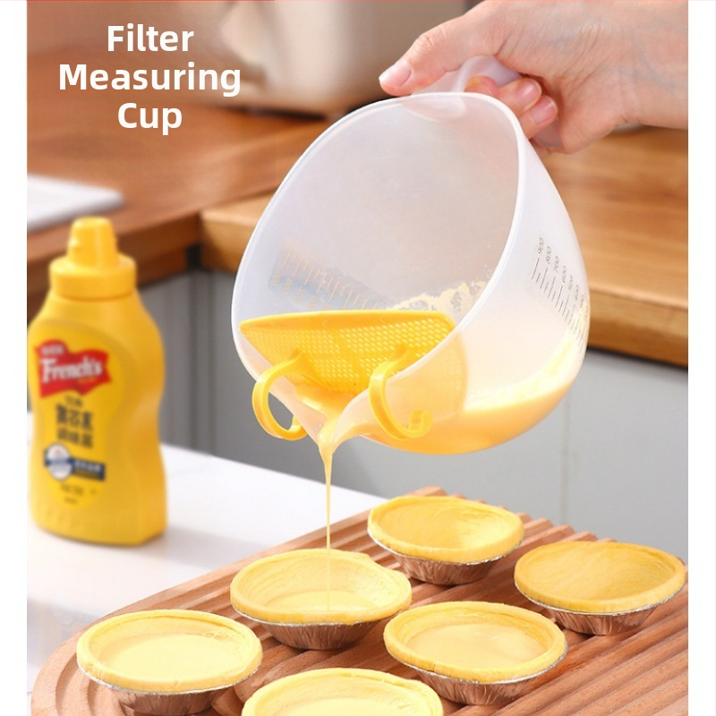 Plastikinis filtravimo matavimo puodelis su skale, skirtas kiaušinių skystiems kepimui