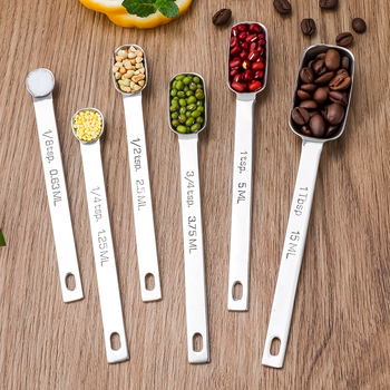 304 nerūdijančio plieno matavimo šaukštų rinkinys su skale; talpos 0.63/1.25/2.5/3.75/5/15 ml; blizgus paviršius