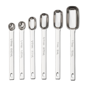 304 nerūdijančio plieno matavimo šaukštų rinkinys su skale; talpos 0.63/1.25/2.5/3.75/5/15 ml; blizgus paviršius