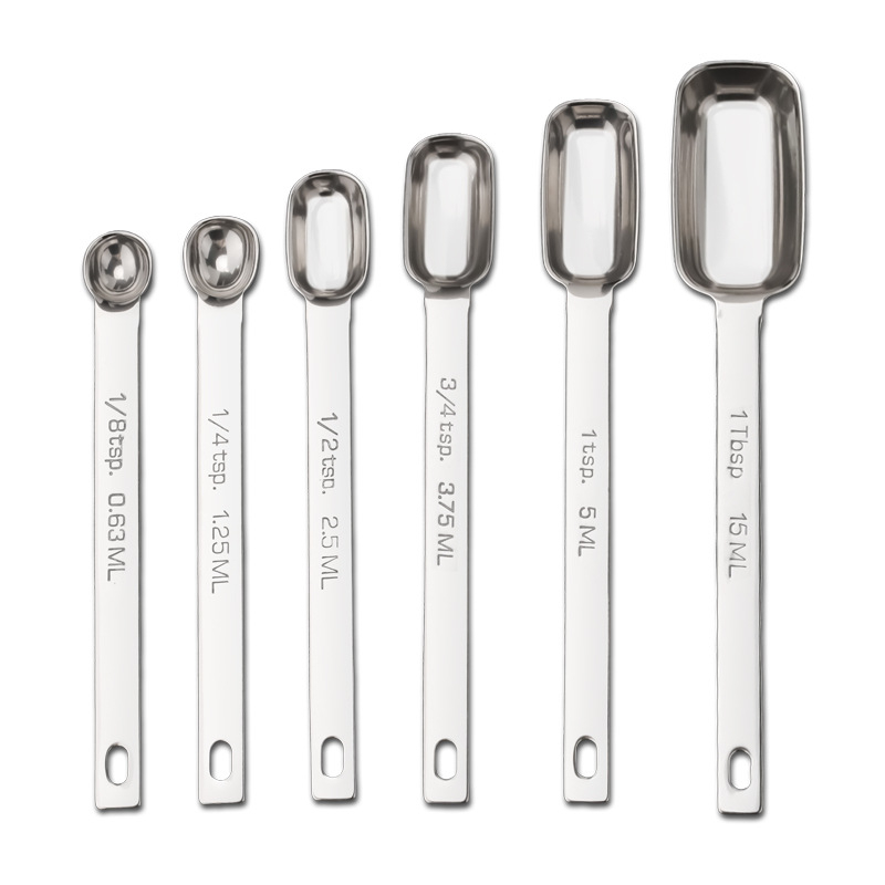 304 nerūdijančio plieno matavimo šaukštų rinkinys su skale; talpos 0.63/1.25/2.5/3.75/5/15 ml; blizgus paviršius