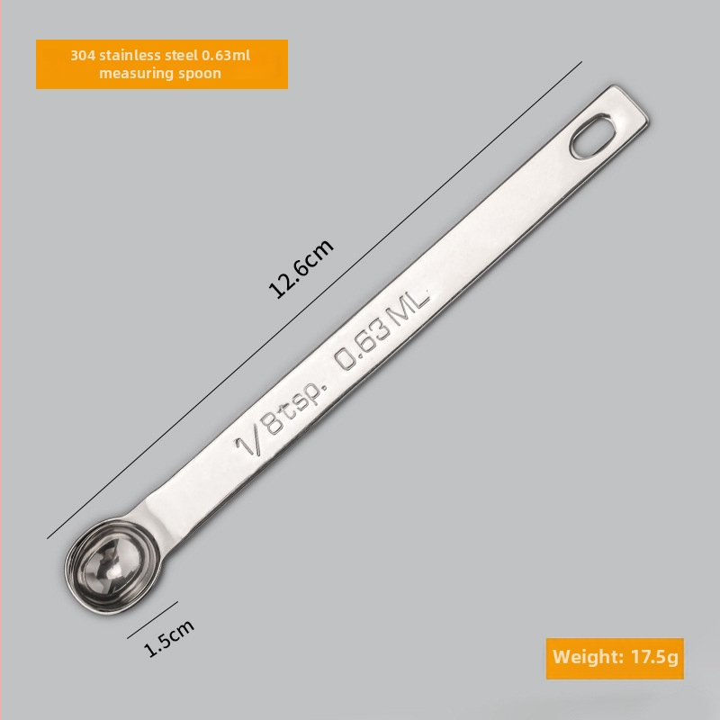 304 nerūdijančio plieno matavimo šaukštų rinkinys su skale; talpos 0.63/1.25/2.5/3.75/5/15 ml; blizgus paviršius