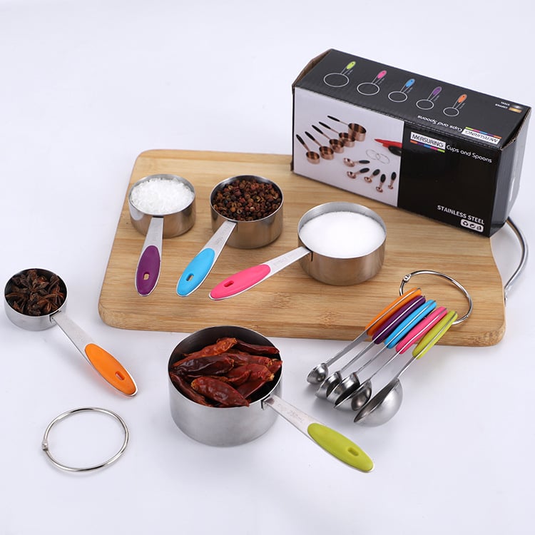 Chef nerūdijančio plieno matavimo puodelių ir šaukštų rinkinys su silikono rankenomis, 10 dalių virtuvės kepimui