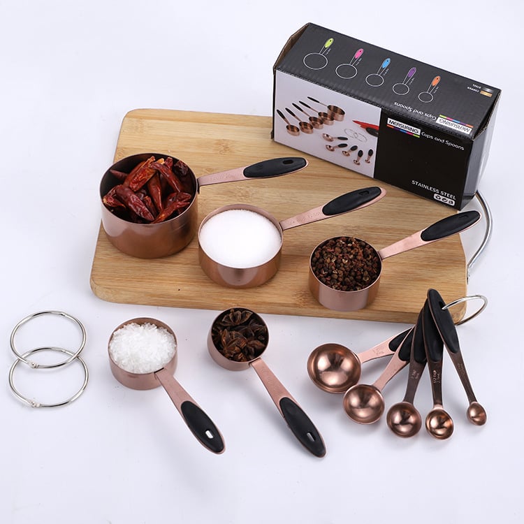 Chef nerūdijančio plieno matavimo puodelių ir šaukštų rinkinys su silikono rankenomis, 10 dalių virtuvės kepimui