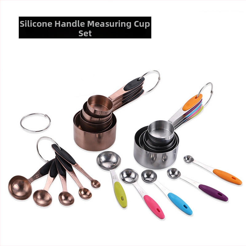 Chef nerūdijančio plieno matavimo puodelių ir šaukštų rinkinys su silikono rankenomis, 10 dalių virtuvės kepimui