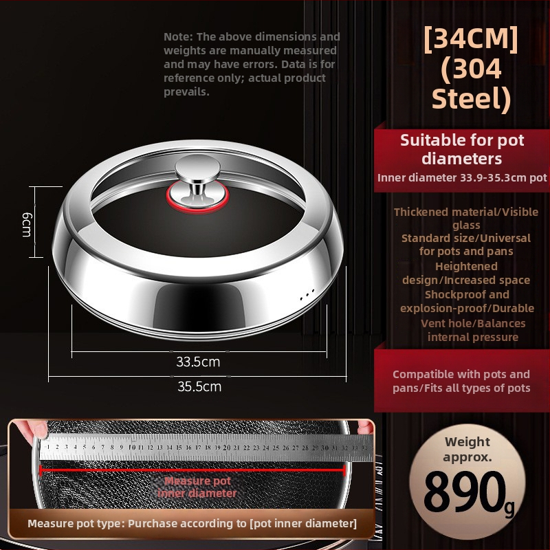 Puodo dangtelis: 304 nerūdijantis plienas, kietintas stiklas, universalus daugiafunkcis virtuvės dangtelis su skaidriu langu, rankena iš nerūdijančio plieno.