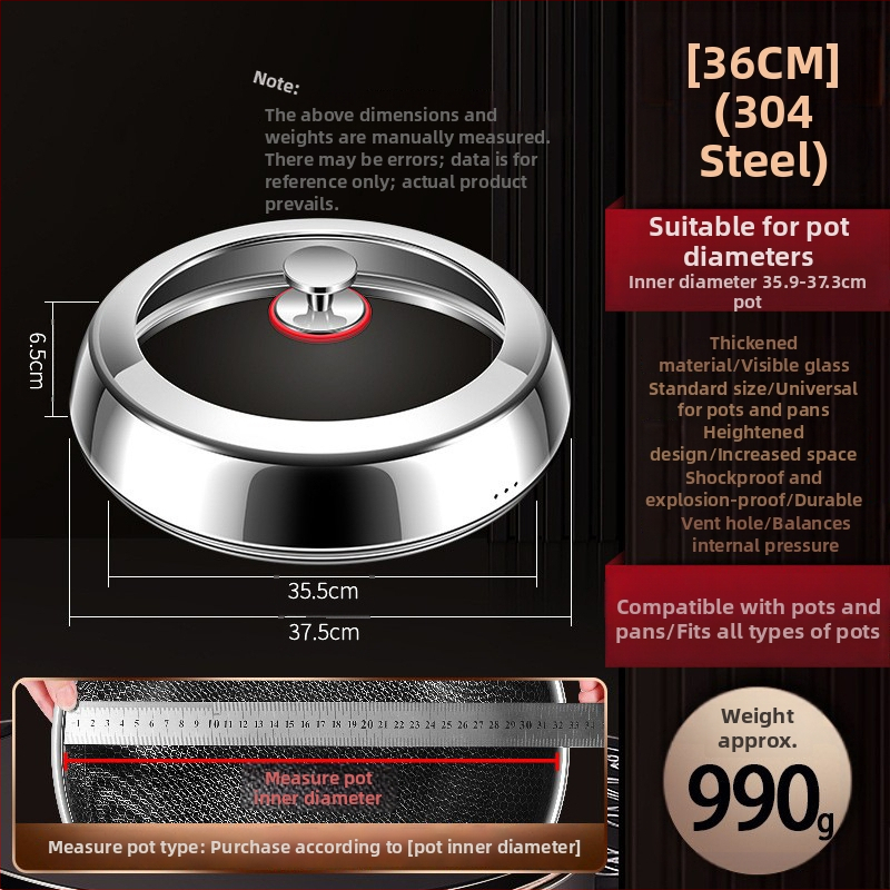 Puodo dangtelis: 304 nerūdijantis plienas, kietintas stiklas, universalus daugiafunkcis virtuvės dangtelis su skaidriu langu, rankena iš nerūdijančio plieno.