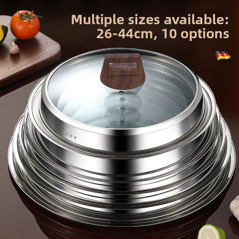 Apskrito dangtelio iš kalinto stiklo wokui, nerūdijančio plieno konstrukcija, atsparus aukštoms temperatūroms, universalus