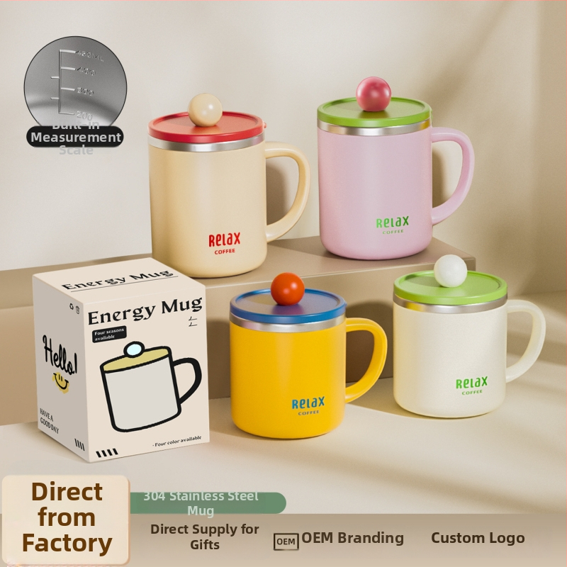 304 nerūdijančio plieno puodelis su dangteliu ir matavimo skale, mielas stilius studentams, didelė talpa, dovana