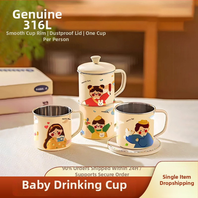 316 nerūdijančio plieno vaiko pieno puodelis su rankena, dangteliu ir matavimo žymėmis