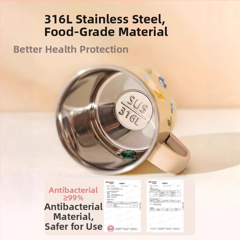 316 nerūdijančio plieno vaiko pieno puodelis su rankena, dangteliu ir matavimo žymėmis