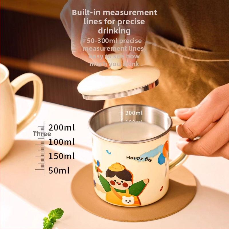 316 nerūdijančio plieno vaiko pieno puodelis su rankena, dangteliu ir matavimo žymėmis