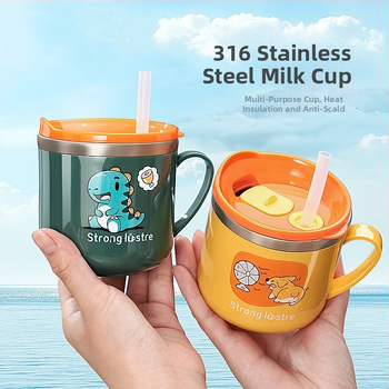 Vaikų karikatūrų stiliaus 316 nerūdijančio plieno puodelis, atsparus kritimams, su matavimo skale ir šiaudeliu