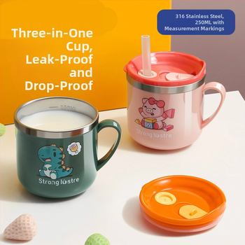 Vaikų karikatūrų stiliaus 316 nerūdijančio plieno puodelis, atsparus kritimams, su matavimo skale ir šiaudeliu