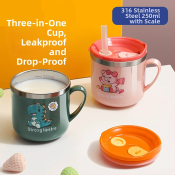Vaikų karikatūrų stiliaus 316 nerūdijančio plieno puodelis, atsparus kritimams, su matavimo skale ir šiaudeliu